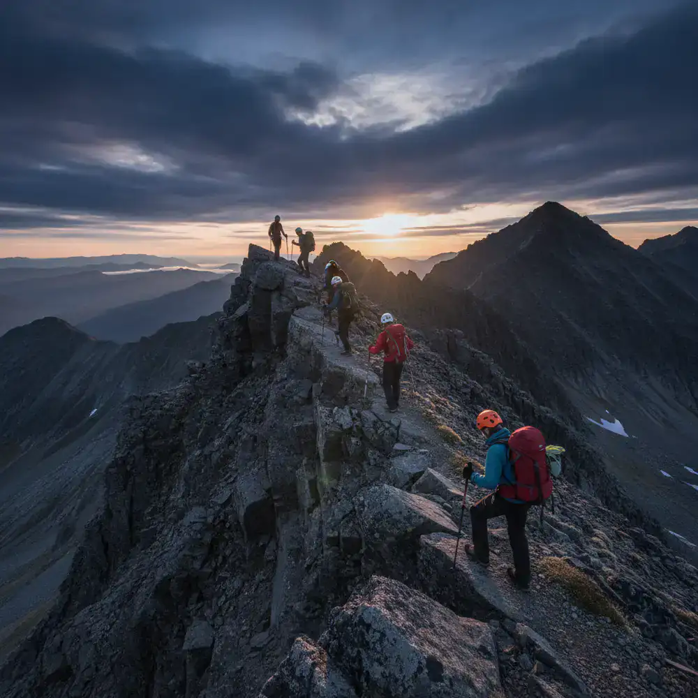 Group of hikers navigating a steep ridge line
