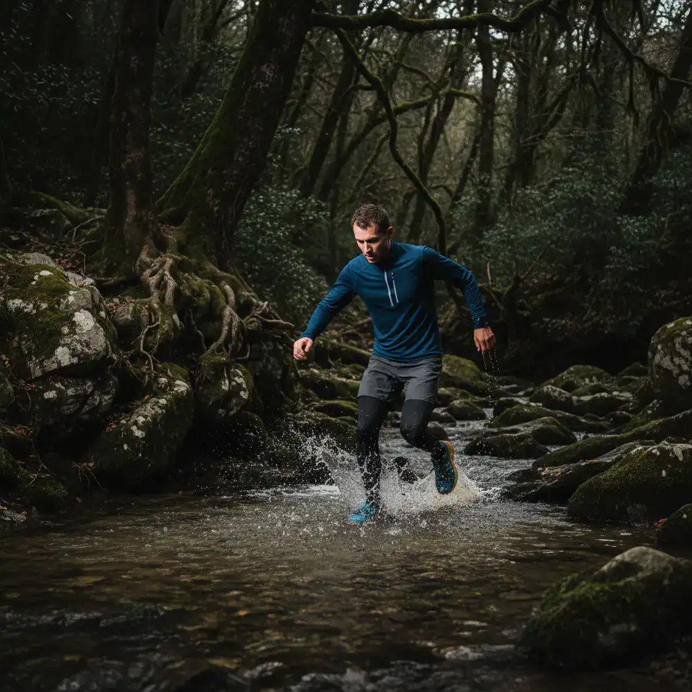 Trail runner splashing through a shallow creek