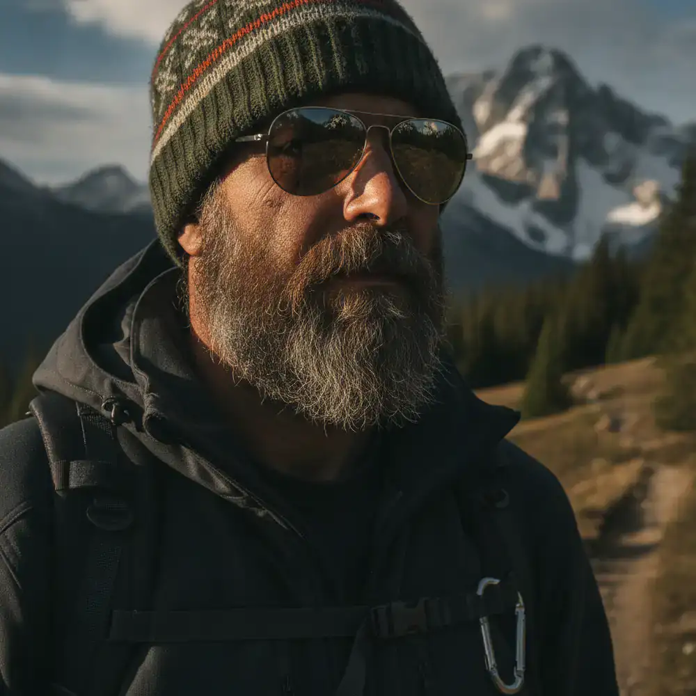 Portrait of a male hiker with a rugged beard wearing sunglasses