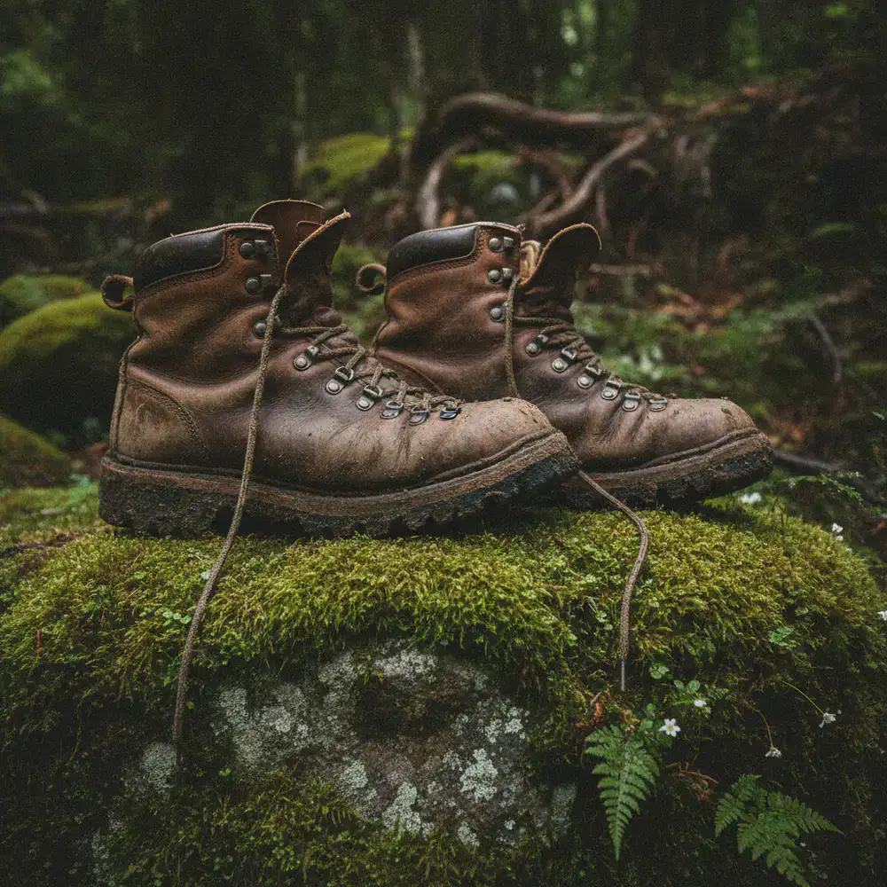 Close up of heavily worn leather hiking boots resting on a mossy boulder