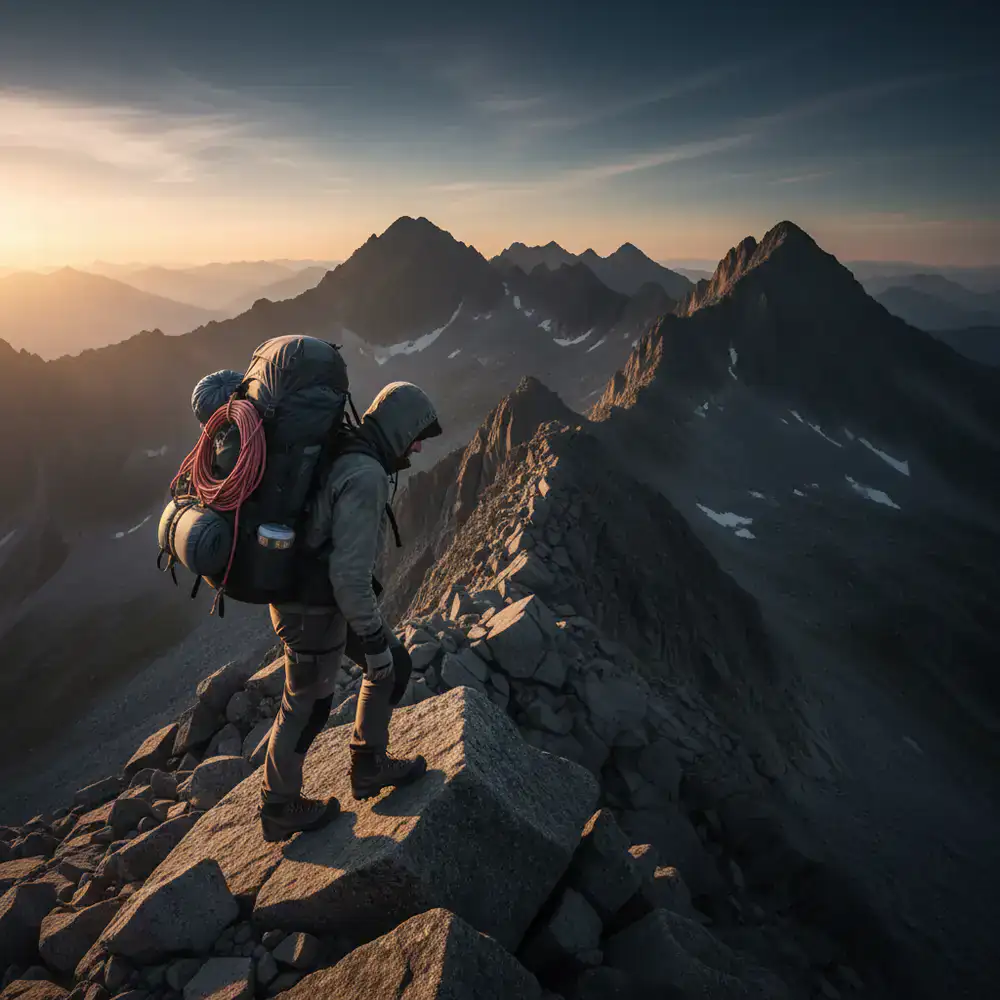 A hiker crossing a narrow rocky ridge with a heavy expedition backpack