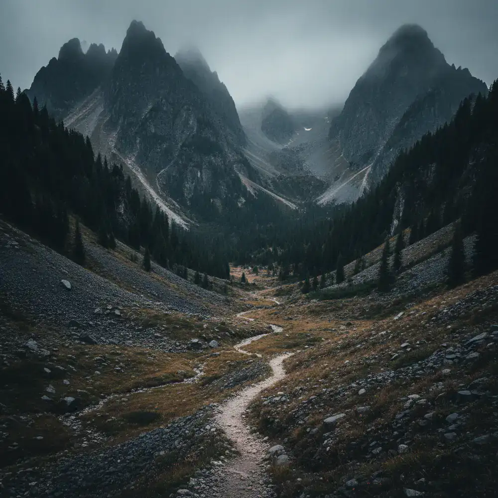 A misty mountain landscape with a winding trail leading toward jagged peaks