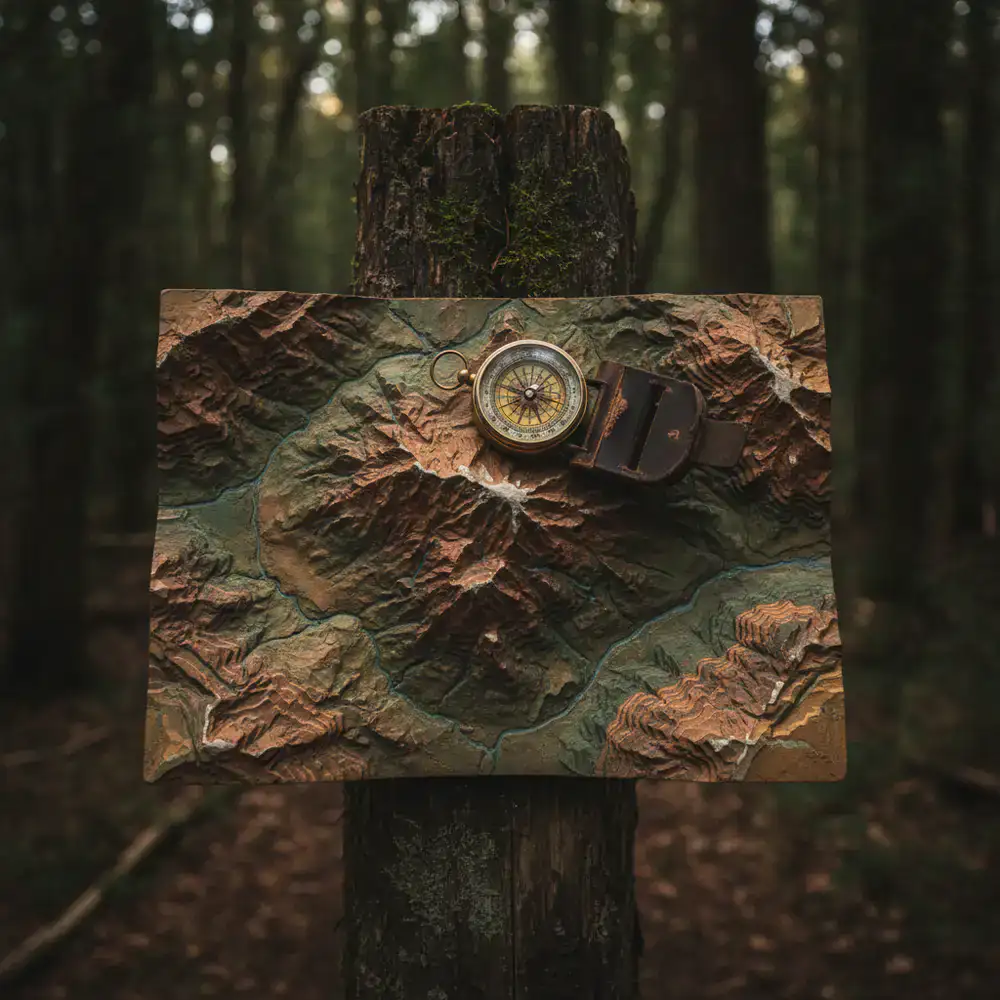 A physical topographic map and an analog compass resting on a wooden trail marker
