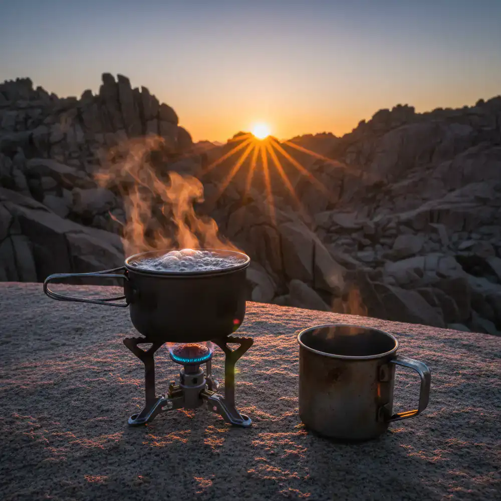 A small camping stove boiling water next to a tin mug, with sunrise hitting granite rocks in the background