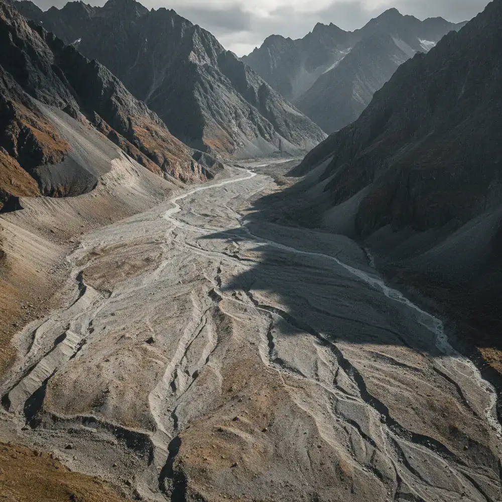 A wide view of a dry glacial valley surrounded by towering jagged peaks
