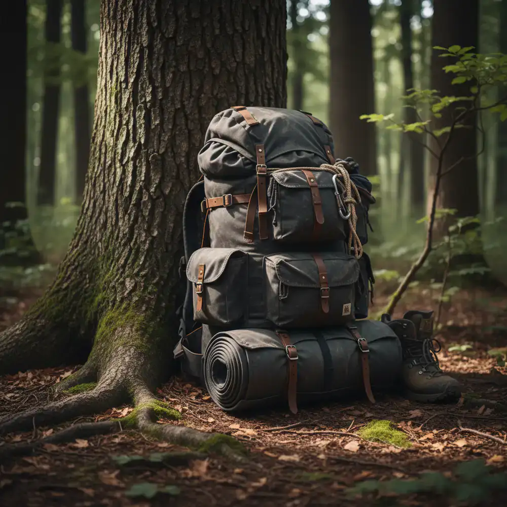 A large expedition backpack resting against a tree trunk
