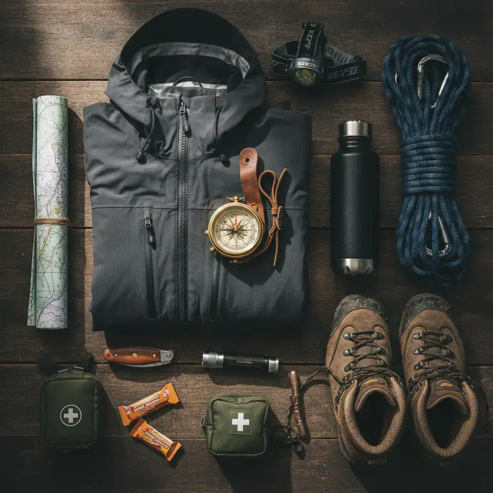 A flat lay of essential hiking gear including compass, jacket, and water bottle