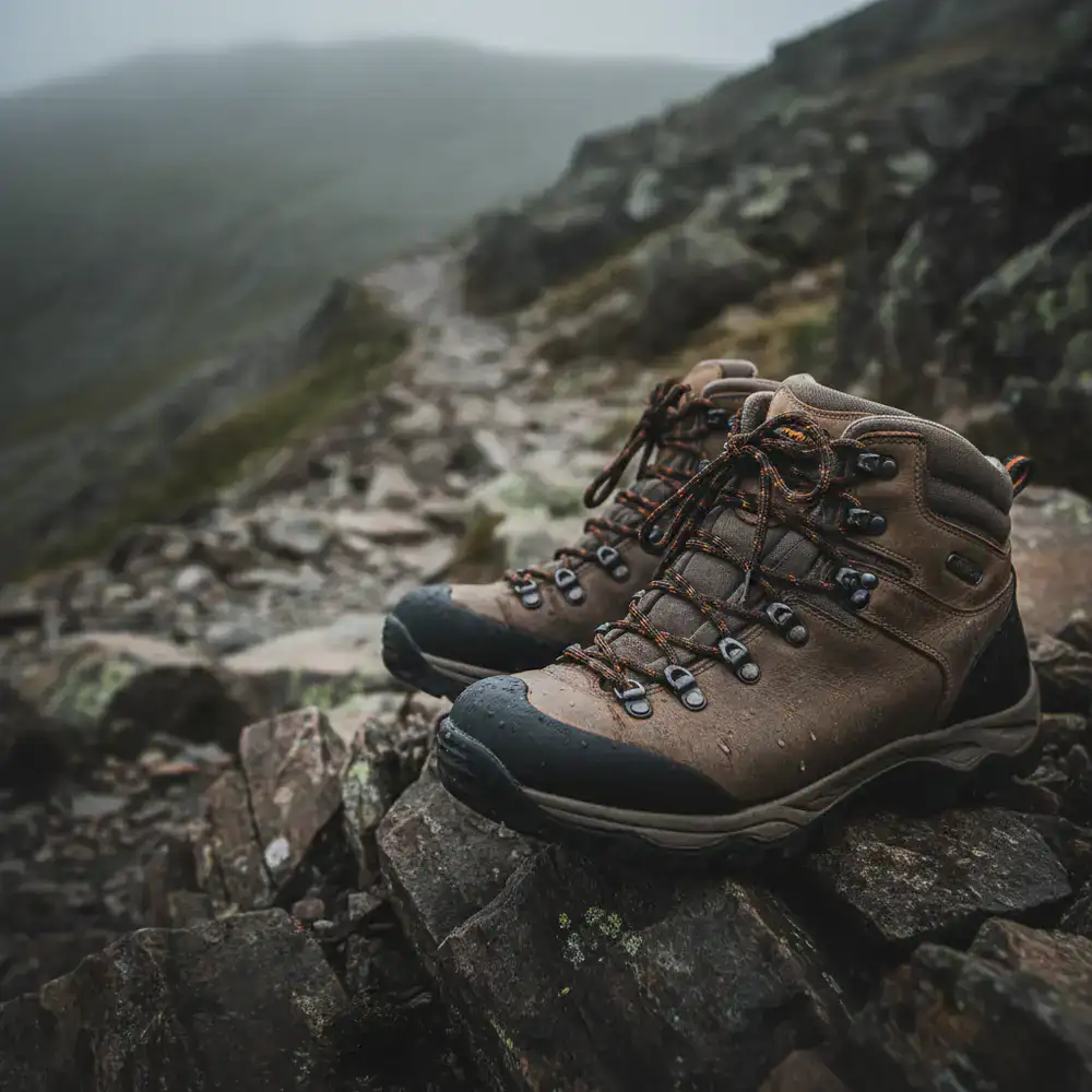 Rugged waterproof hiking boots on a rocky surface