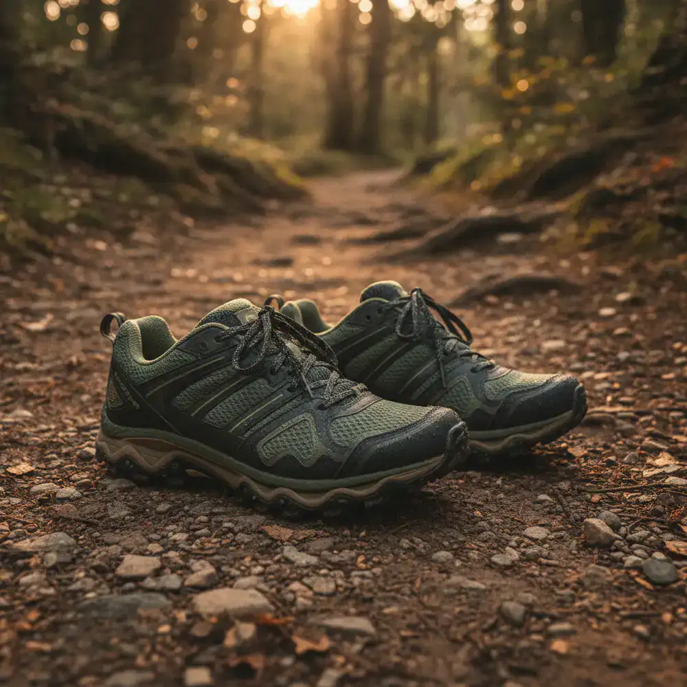 A pair of lightweight trail running shoes on a dirt path