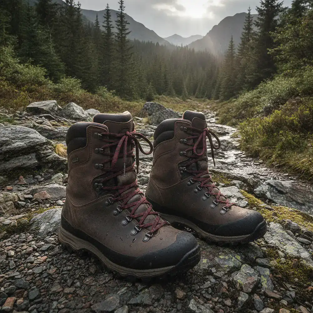 Tall, waterproof trekking boots in rough terrain