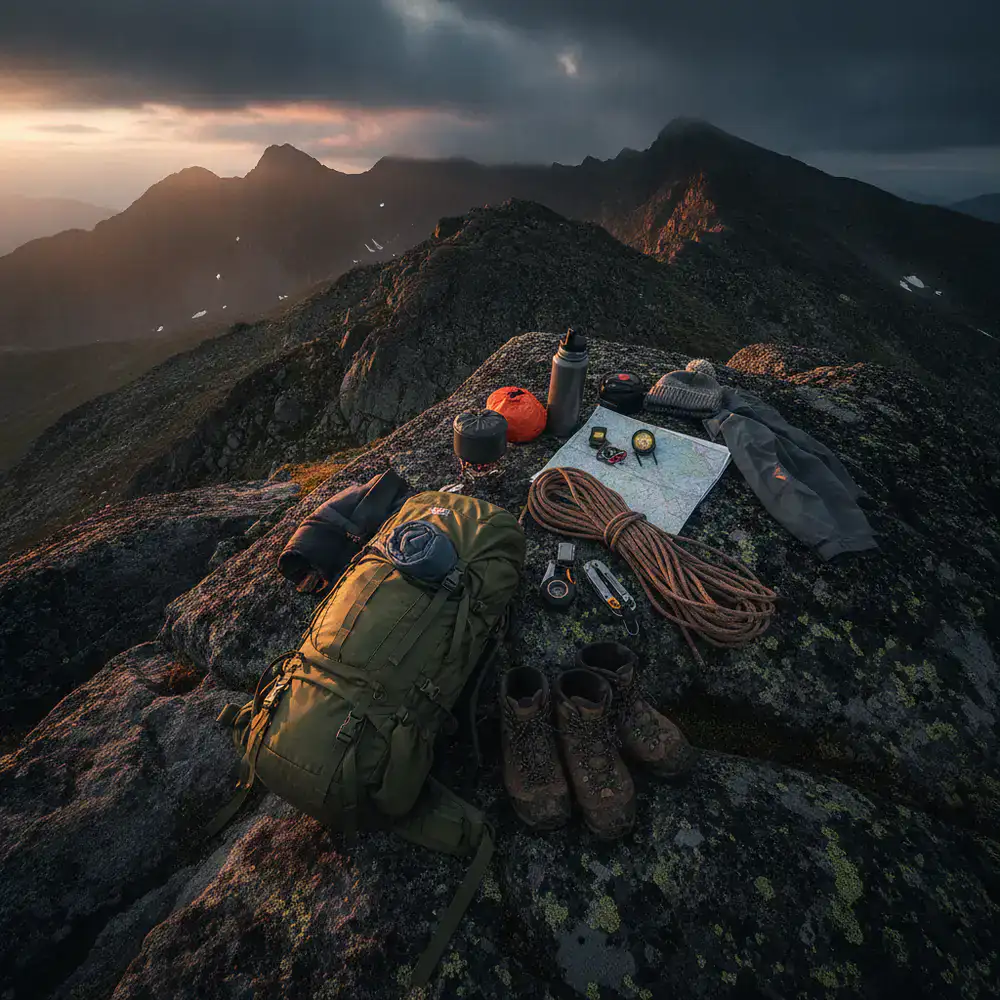Outdoor gear spread out on a mountain rock