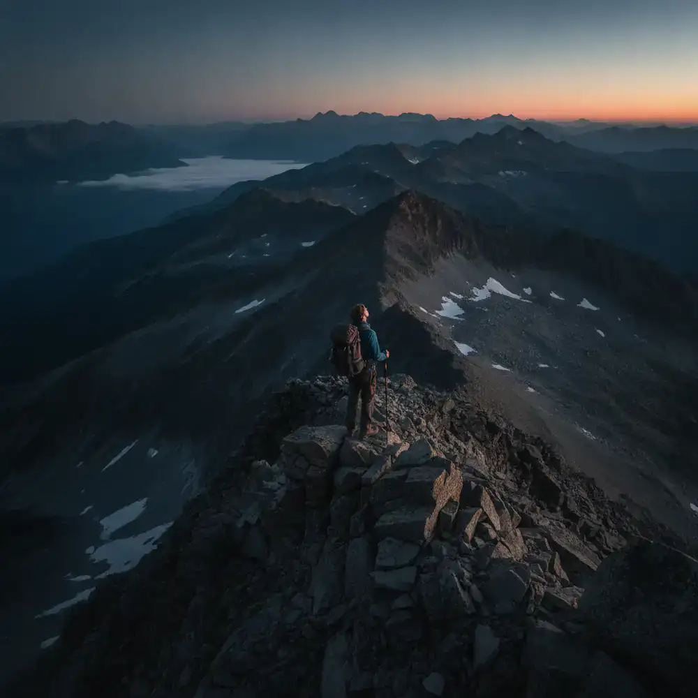 Hiker gazing across a vast mountain range from a high altitude summit