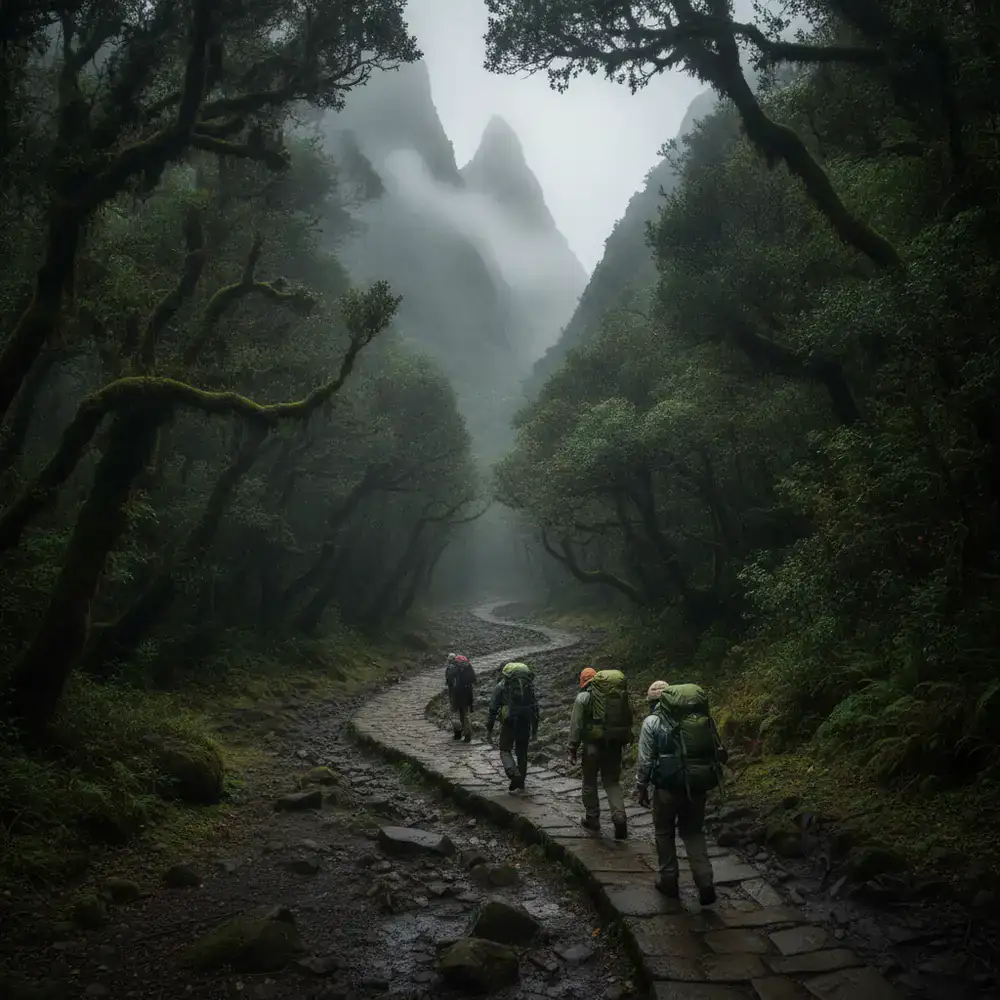 Hikers walking up a misty mountain trail surrounded by dense forest