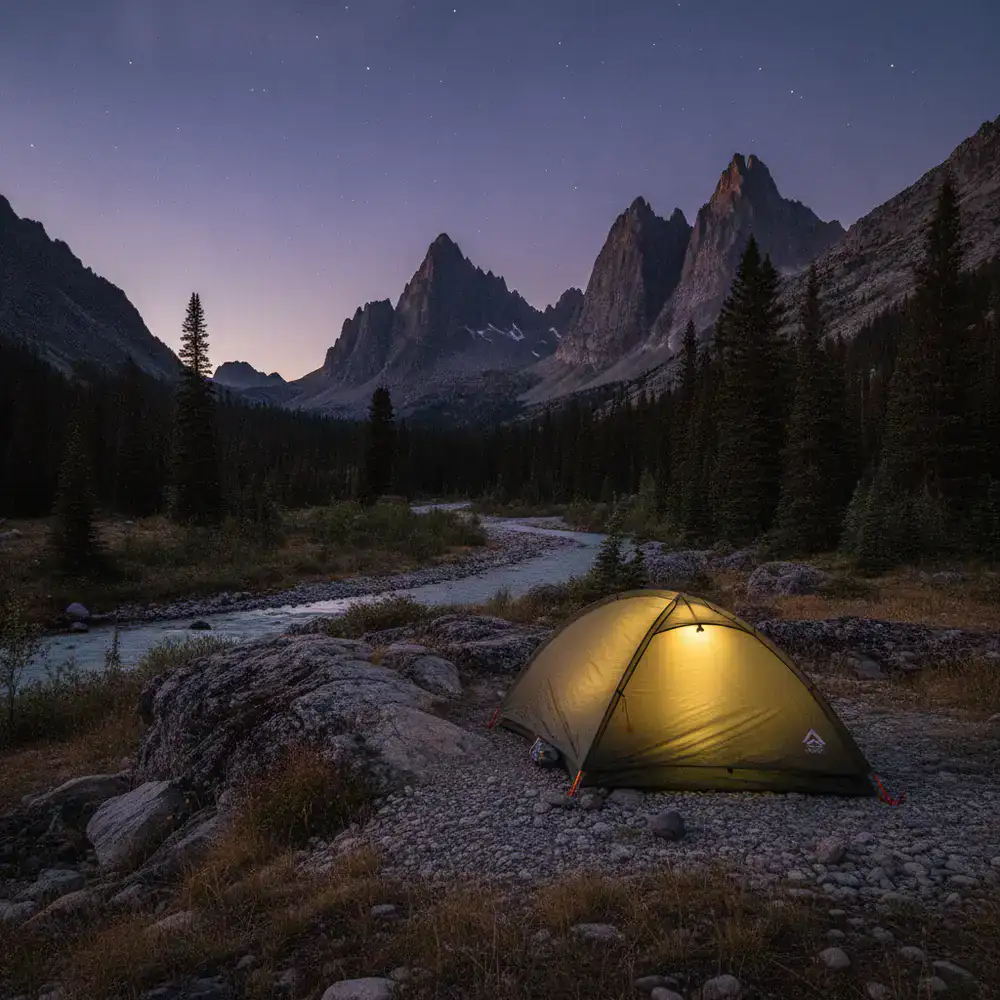 Solo tent pitched at dusk in the remote wilderness