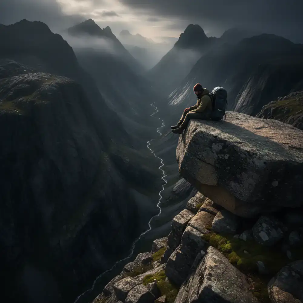 Hiker resting on a massive boulder looking down into a deep valley