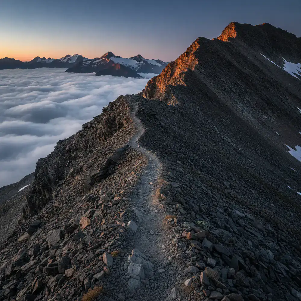 Narrow trail cutting across a steep scree slope above the clouds