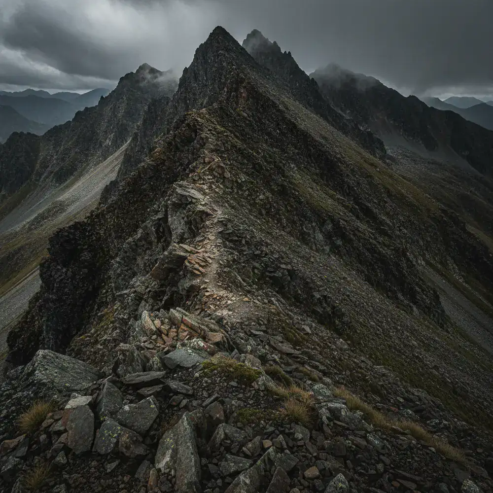 Steep rocky ascent near a dramatic mountain summit