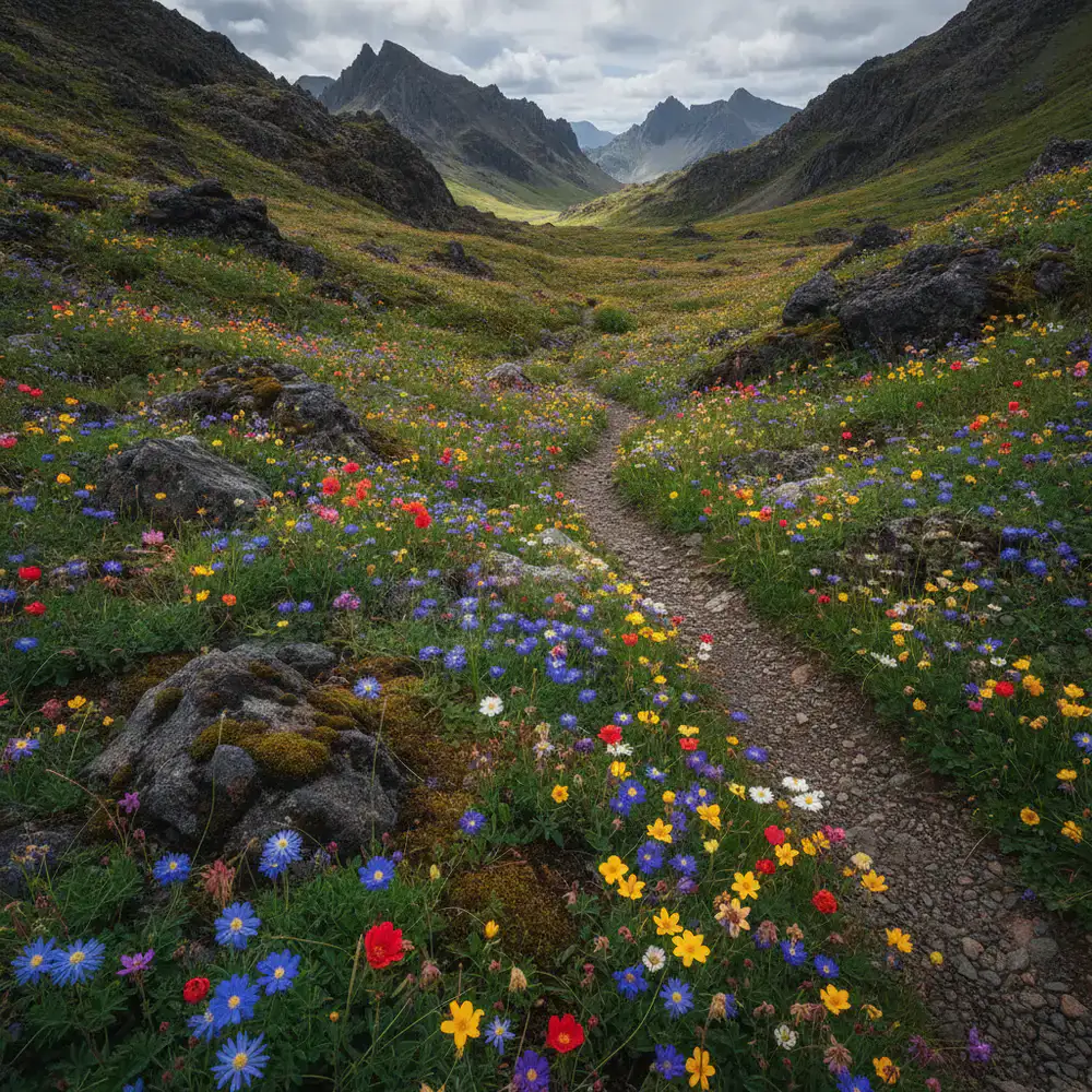 Open valley trail with blooming wildflowers