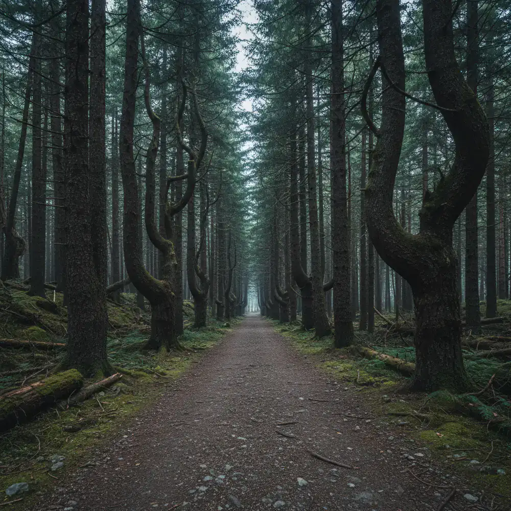 Wide flat path winding through a dense pine forest