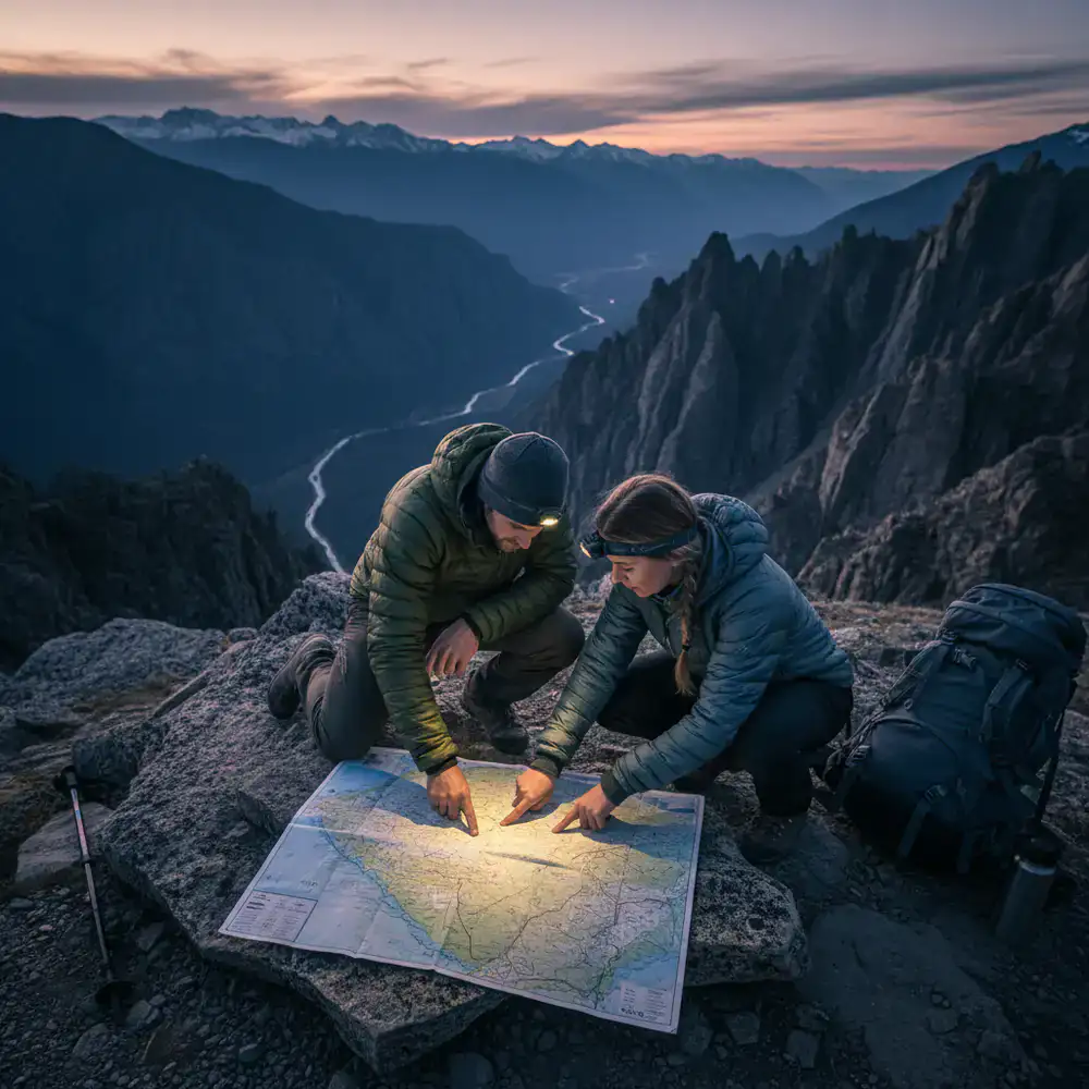 Two hikers looking closely at a physical map on a rocky outcrop
